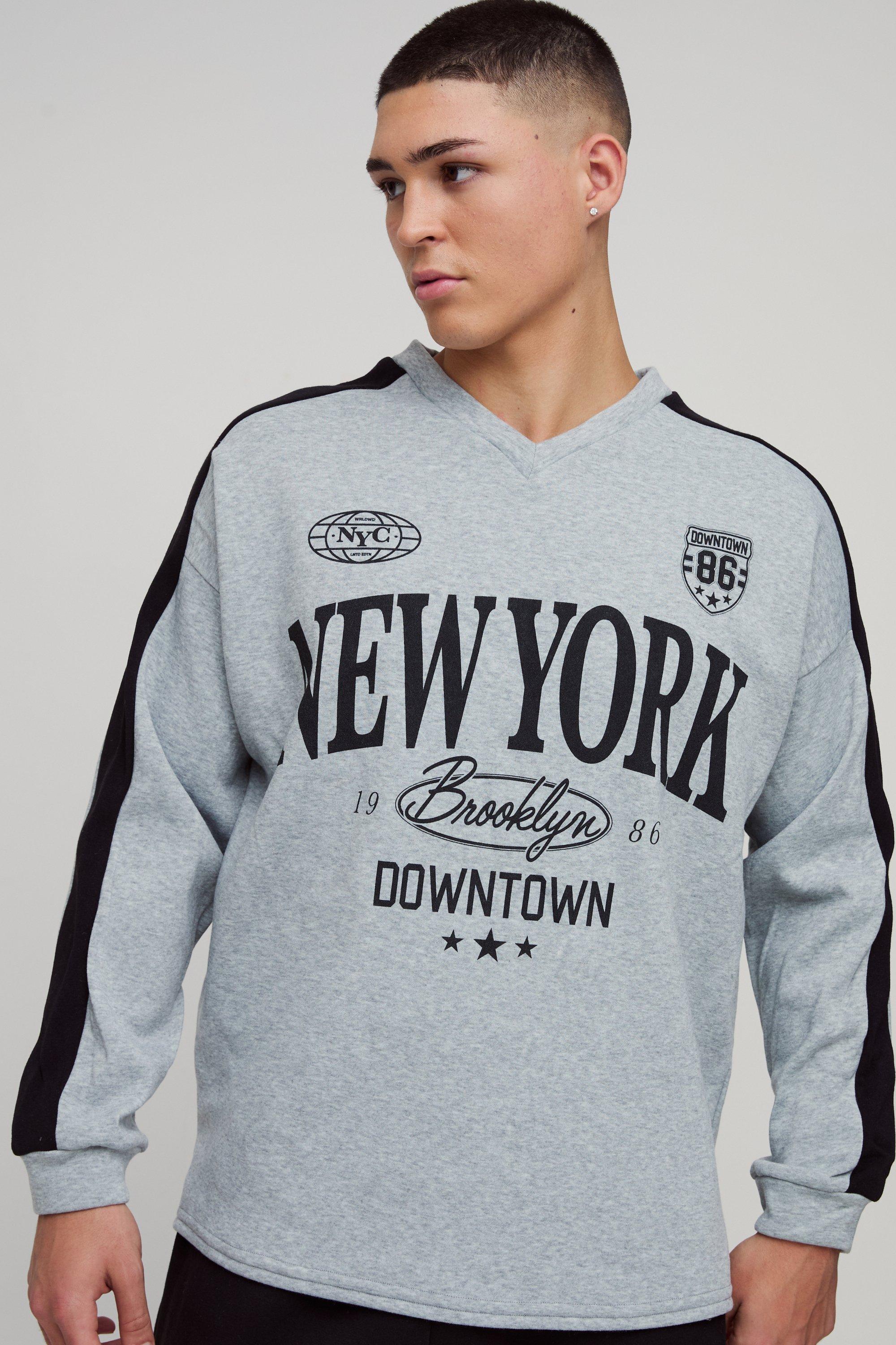 Mens Grey Oversized V Neck Contrast Panel New York Sweatshirt, Grey